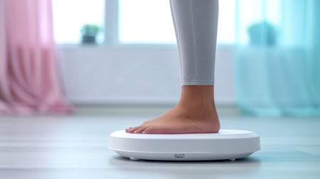 Close up of a woman standing barefoot on a scale.の素材