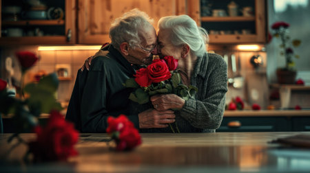 Flower bouquet, hug and senior couple with smile for celebration of marriage in kitchen of their house. Elderly man and woman giving roses as gift while hugging for love, anniversary or birthdayの素材