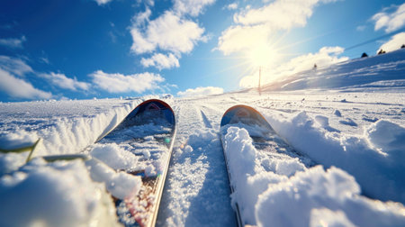 Ski in winter season, mountains and ski touring backcountry equipments on the top of snowy mountains in sunny day.の素材