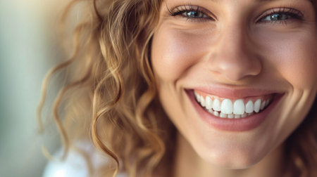 Beautiful female smile after teeth whitening procedure. Dental care. Dentistry concept.の素材