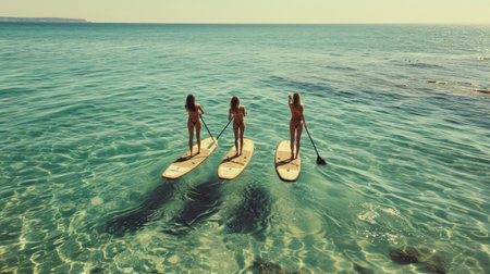 Three happy women stands on a sup boards. In the background, the ocean and the sunset.の素材
