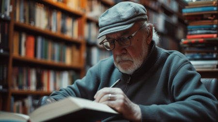 Busy hardworking senior male writing draft, notes, article, essay, webinar summary library, working on research at desk with open books.の素材