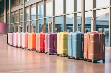 Colorful travel suitcases in airport terminal. Travel concept background.の素材