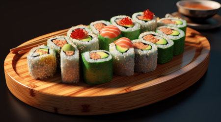 Sushi rolls on a wooden plate on a black background. Japanese foodの素材