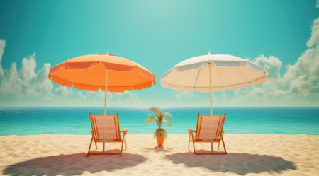 Beach chairs and umbrella on a sunny day. 3d renderの素材