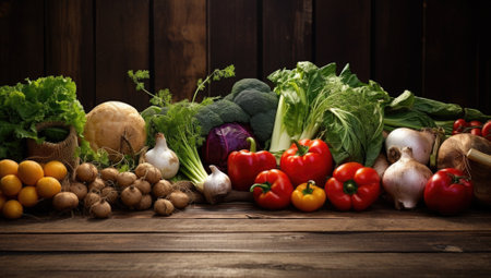 Fresh vegetables on wooden background. Healthy food concept. Selective focus.の素材