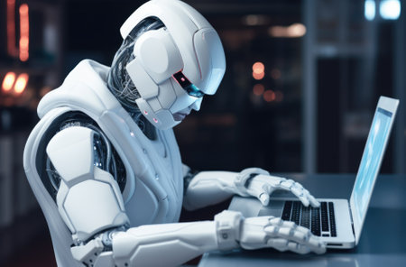3d rendering humanoid robot working with laptop computer at night in officeの素材