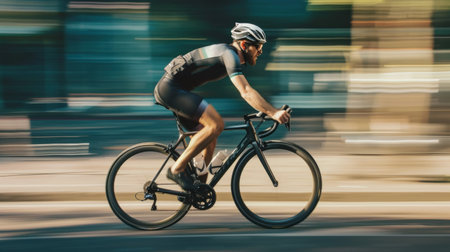 Cyclist riding a bike on an open road.の素材