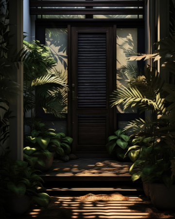 3d rendering of a room with a wooden door and tropical plantsの素材
