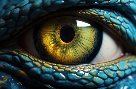 Close up of human eye in blue and yellow colors. Macro shotの素材