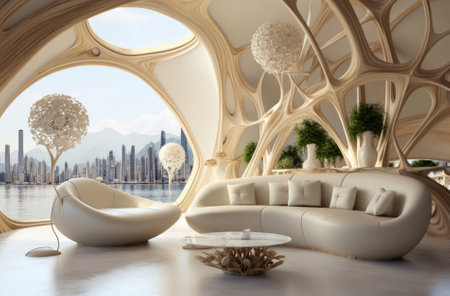 3d rendering of a living room with a beautiful view of the cityの素材