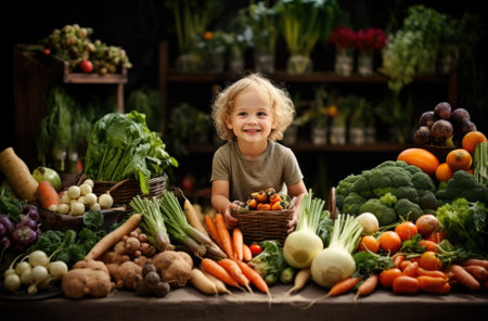 Little girl choosing fresh vegetables in the market. Healthy food concept.の素材