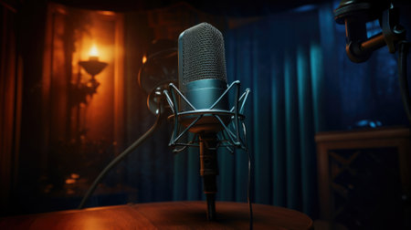 Studio microphone and pop shield on mic in the empty recording studio with copy space. Performance and show in the music business equipment.の素材