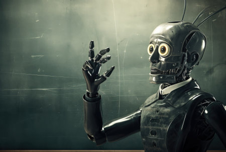 Vintage robot on blackboard background. Futuristic technology concept.の素材