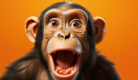 Chimpanzee with open mouth on orange background. 3d illustrationの素材