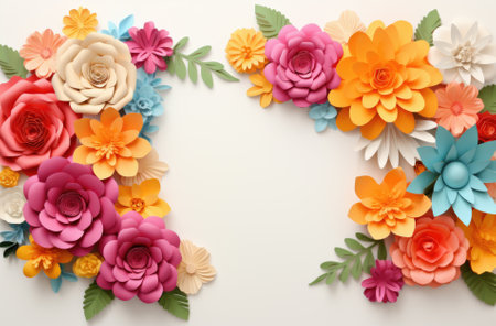 Colorful paper flowers on white background, top view. Floral frameの素材