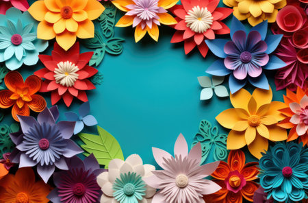 Colorful paper flowers on blue background with copy space for your messageの素材