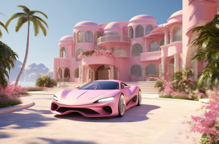 A pink sports car next to a pink house next to the sea. The blonde's house.の素材
