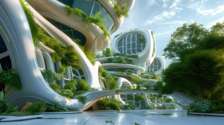 Green futuristic modern building, forest apartment gardens on balconies. Modern sustainable architecture.の素材