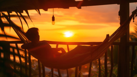 A man enjoys calm, lies in a hammock on the background of the ocean and sunset. Handsome guy meets the sunset on the beach of a tropical.の素材