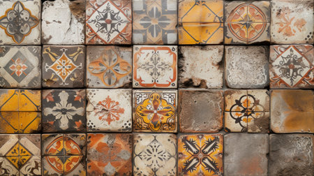 Texture of ceramic tiles in oriental style. Portugal ceramic tiles laid out on the wall. Wall ceramic porcelain tiles for the home, restaurant decoration. Turkish style kitchen tiles in colorsの素材