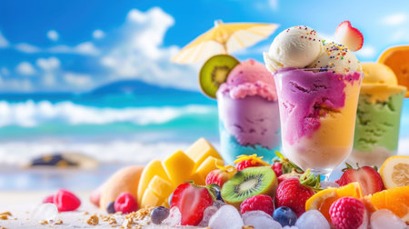 Ice cream in glass vases with berries on the beach against the background of the sea.の素材