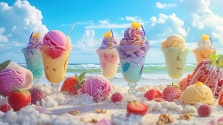 Ice cream in glass vases with berries on the beach against the background of the sea.の素材