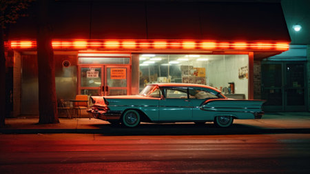 Old american car in the city at night with red lights.の素材