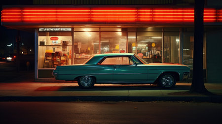 Vintage american car parked at night in front of a shopの素材