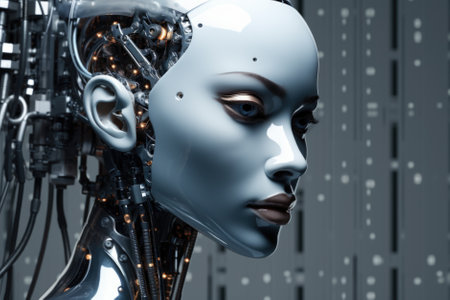 3d rendering of female robot in artificial intelligence concept with circuit board backgroundの素材