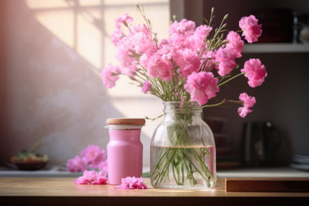 Bouquet of pink carnation flowers in glass jar on wooden tableの素材
