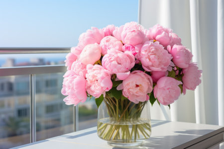 Bouquet of pink peonies in a vase on the tableの素材