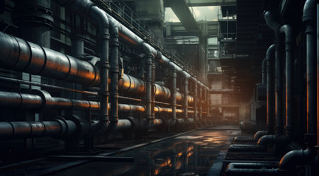 Industrial zone, Steel pipelines and cables in blue tones. 3d renderingの素材