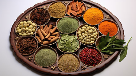 Spices and herbs in wooden bowls. Food and cuisine ingredients.の素材
