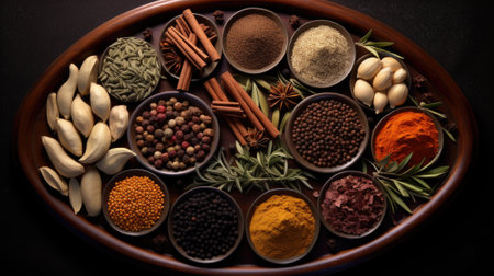 Spices and herbs in wooden bowl over black background. Top viewの素材