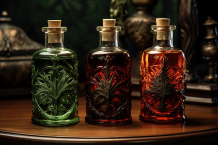 Three bottles of liquor on a wooden table. Selective focus.の素材