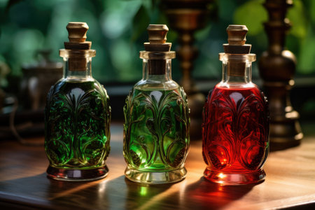Vintage bottles of red, green and brown color on wooden table.の素材