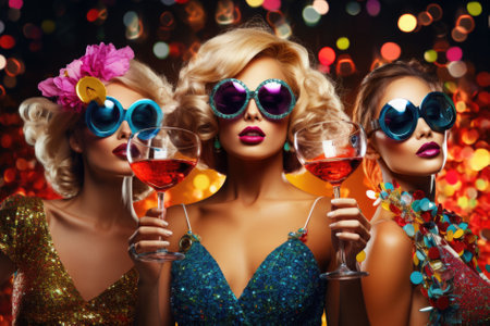 Holiday Celebration Party. Three Women Clinking Glasses With Sparkling Wine, Celebrating Special Event Wearing Sunglasses Standing Over Sparkle Studio Background.の素材