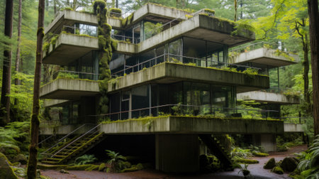 An old abandoned reinforced concrete building in the jungle with dirty walls covered in moss stains and overgrown with weeds.の素材