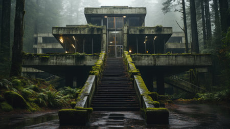 An old abandoned reinforced concrete building in the jungle with dirty walls covered in moss stains and overgrown with weeds.の素材