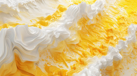 Wave of yellow and white oil brush hand drawn stroke. Abstract varnish splash trace shape. Glossy oil paint smear long line.の素材