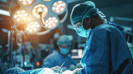 Surgeon or doctor in blue uniform did surgery in surgical hospital with orange light effect and blur background. Surgeon and nurse use medical instrument or equipment in operating room.People working.の素材