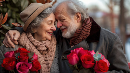 Happy elderly man giving bouquet of red roses to his wife in the park covered in snow. Valentines day.の素材