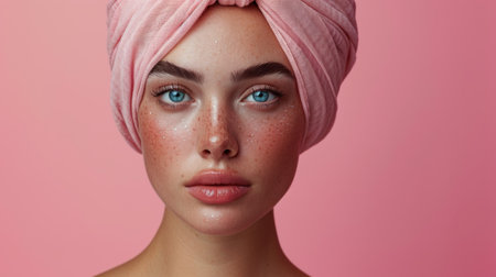 Young woman wearing pink shower towel on head.の素材