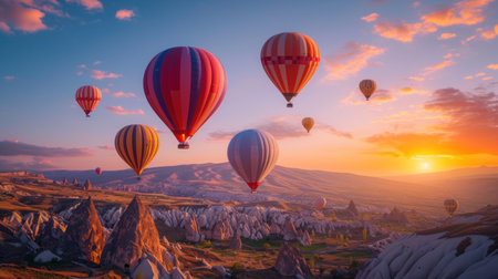 Colorful hot air balloons flying over mountain.の素材