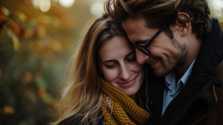 Close-up portrait of a caucasian young loving couple embracing while standing on a roadside. Couple embracing road travel. Sunset scene.の素材