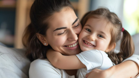 Affectionate loving middle aged mother cuddling child. Excited to see daughter, happy senior older mom cuddling her, sitting together on comfortable sofa in living room.の素材