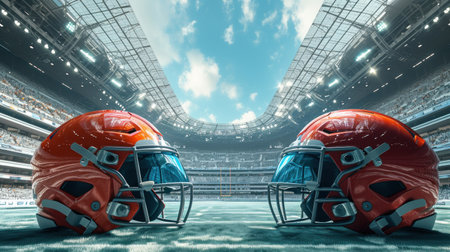 Photo of two football helmets on stadium.の素材