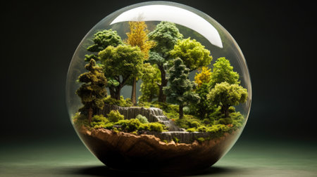 Glass globe with green trees inside on dark background. Environmental conservation concept.の素材