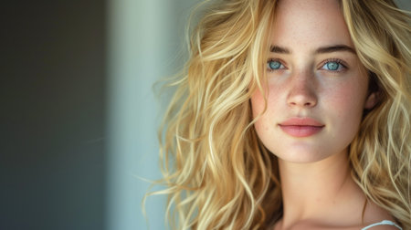 Close-up portrait of a smiling beautiful blonde caucasian woman with blue eyes, looking at camera, on a gray background with copy-space.の素材